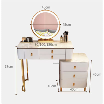 Elegant Simple Dressing Table with Mirror LED, Makeup Dresser Storage Drawers, and a Chair.