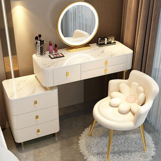 Elegant Simple Dressing Table with Mirror LED, Makeup Dresser Storage Drawers, and a Chair.