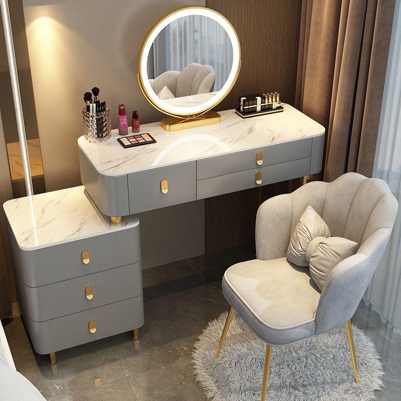 Elegant Simple Dressing Table with Mirror LED, Makeup Dresser Storage Drawers, and a Chair.