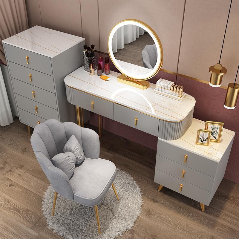 Modern Simple Advanced Solid Wood Dressing Table for Bedroom, Massive Storage Drawers, Smart Mirror and a Chair.