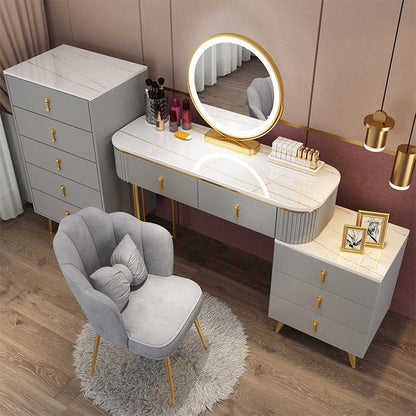 Modern Simple Advanced Solid Wood Dressing Table for Bedroom, Massive Storage Drawers, Smart Mirror and a Chair.