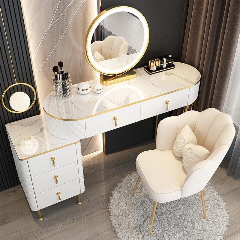 Modern Set Dressing Table with Lighted Mirror, Makeup Desk Multi-Functional Storage Cabinet with Storage Drawers and Cushioned Stool for Bedroom.