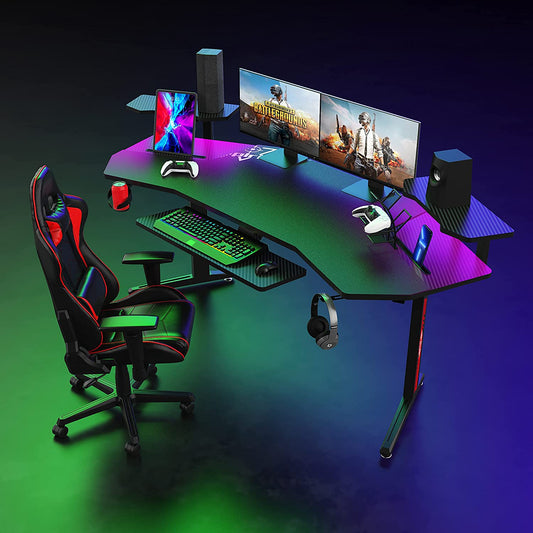 Gaming Desk Table With RGB light, Computer Desk, Cup Holder and Headphone Hook Gamer Workstation Game Table.