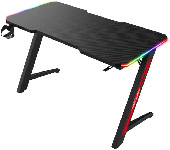 Gaming Desk Table With RGB light, Computer Desk, Cup Holder and Headphone Hook Gamer Workstation Game Table.