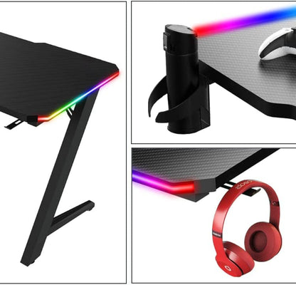 Gaming Desk Table With RGB light, Computer Desk, Cup Holder and Headphone Hook Gamer Workstation Game Table.